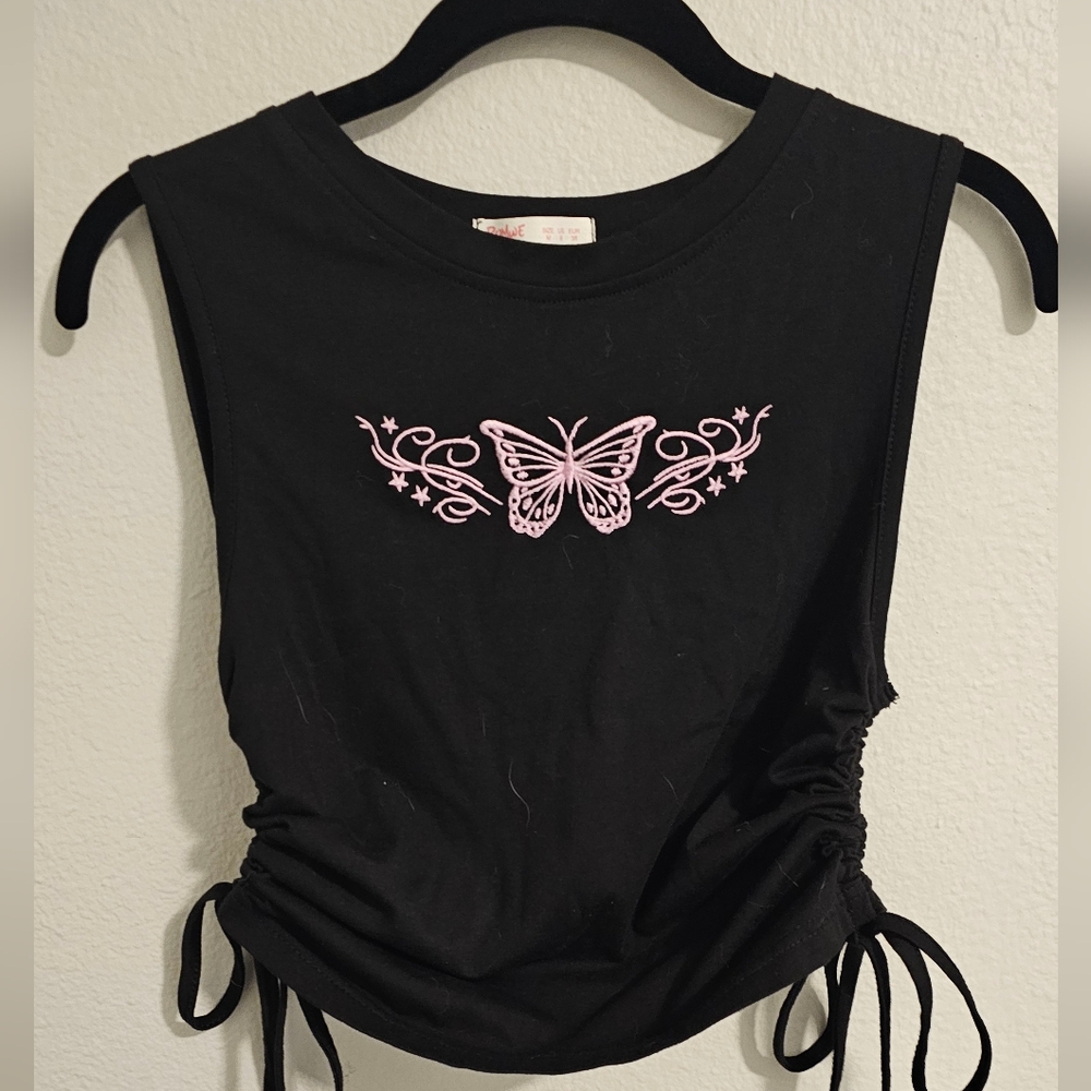 Black Sleeveless Top with Pink Butterfly Design